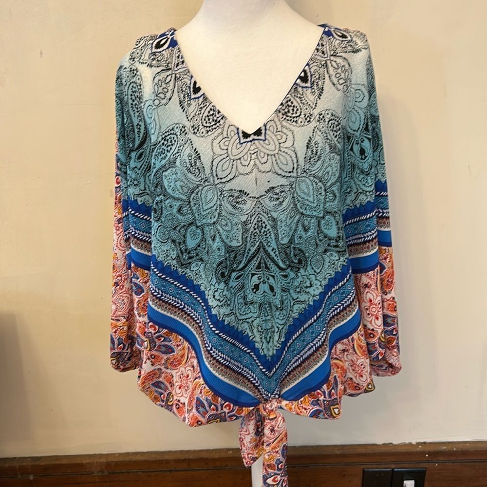 Coco Bianco royal blue red V neck tie waist bat wing blouse Size L EUC